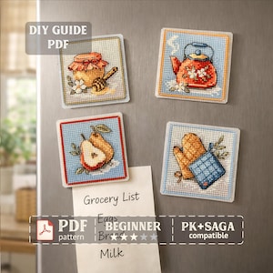 May include: Four square cross-stitch magnets with kitchen-themed designs: a honey pot, a teapot, pears, and oven mitts with a potholder. A grocery list is attached with the words "Grocery List", "Eggs", "Bread", and "Milk". The text "DIY GUIDE PDF" is also visible.