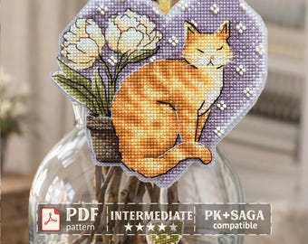 Ginger Cat Cross Stitch Pattern – Heart Ornament, Animal Embroidery (PDF Pattern)