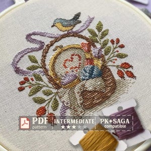 Vintage Craft Basket Cross Stitch Pattern PDF, Bird and Floral Needlework, Cottagecore Design