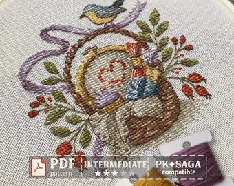 Vintage Craft Basket Cross Stitch Pattern PDF, Bird and Floral Needlework, Cottagecore Design