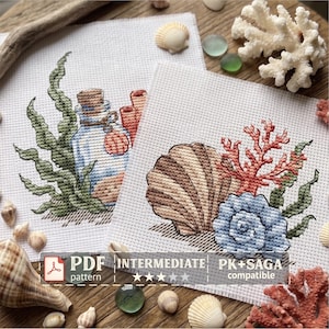 ビーチクロスステッチパターンPDFセット、貝殻パターン、オーシャンクロスステッチ、サンゴ刺繍、海岸装飾、夏の刺繍