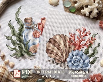 Beach Cross Stitch Pattern PDF Set, Seashell Pattern, Ocean Cross Stitch, Coral Embroidery, Coastal Decor, Summer Embroidery