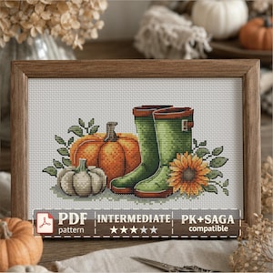 Fall Cross Stitch Pattern: Garden Boots, Pumpkins (Digital PDF)