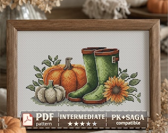 Fall Cross Stitch Pattern: Garden Boots, Pumpkins (Digital PDF)