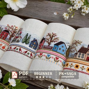 Four Seasons Cross Stitch Pattern Bundle, Primitive House Sampler (PDF Download)