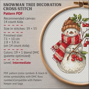 雪だるまのオーナメントクロスステッチパターン、冬のホリデー刺繍（PDFパターン、Sagaファイル） 画像 2