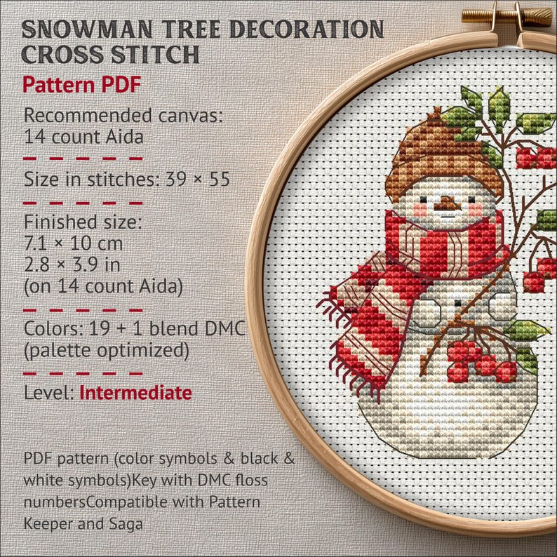 雪だるまのオーナメントクロスステッチパターン、冬のホリデー刺繍（PDFパターン、Sagaファイル） 画像 2