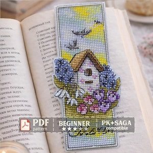 Bladwijzerpatroon lente vogelhuisje kruissteek (pdf-download), plastic canvas