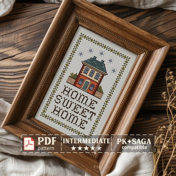 Home Sweet Home Cross Stitch Pattern PDF, Primitive House Sampler, Farmhouse Cottage Embroidery Chart