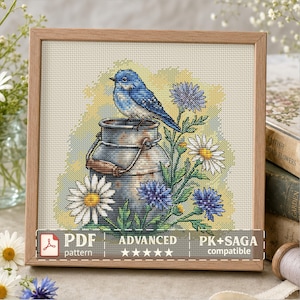鳥のクロスステッチパターンPDF、ヴィンテージミルク缶の上の青い鳥、花柄の夏のパターン、デイジーガーデンの刺繍装飾