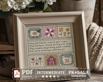 Primitive Farm Sampler Cross Stitch Pattern – Rustic Farmhouse Barn PDF Chart