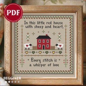 Sheep Cross Stitch Pattern PDF | Farmhouse Cottagecore Sampler | Rustic Red House Embroidery