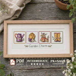 May include: A framed cross-stitch embroidery featuring four square panels with a purple watering can, yellow gardening gloves, a potted flower, and yellow boots, with the text Garden Charm and a PDF pattern label below the image.
