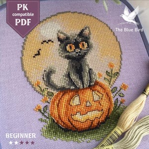 Halloween Black Cat Cross Stitch Pattern | Pumpkin & Moon Sampler | Spooky Embroidery PDF | Pattern Keeper