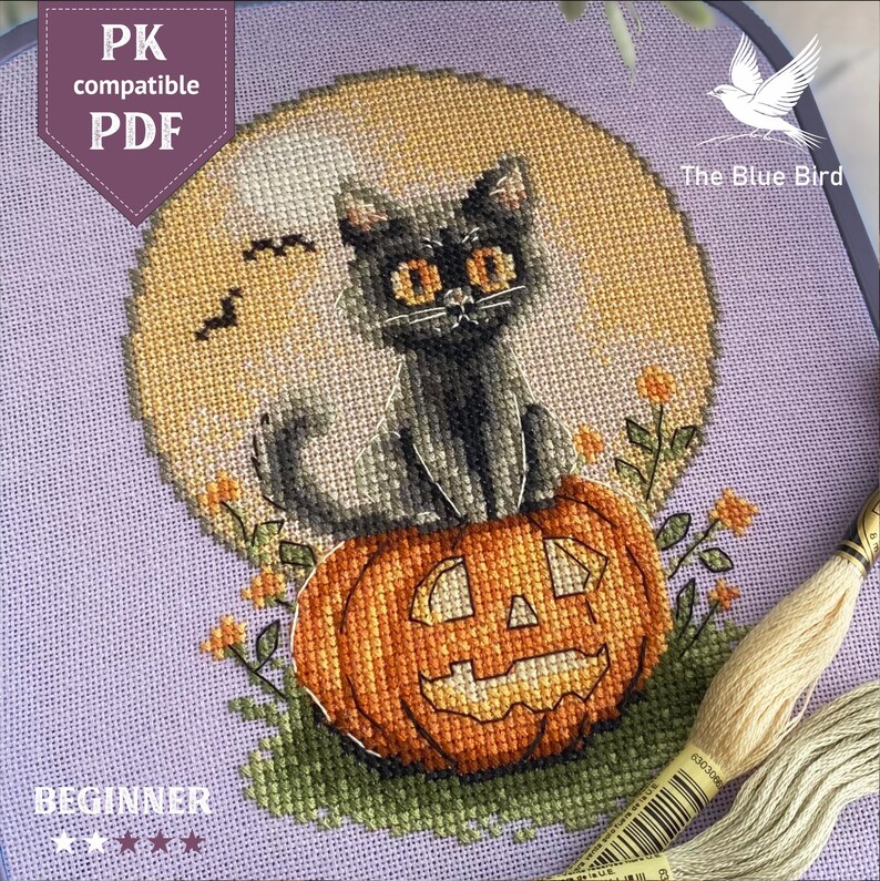 Halloween Black Cat Cross Stitch Pattern | Pumpkin & Moon Sampler ...