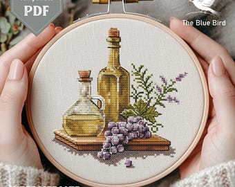 Olive Oil and Grapes Cross Stitch Pattern, Mediterranean Kitchen (PDF)