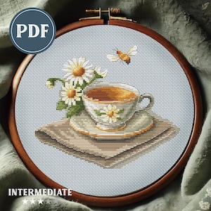 Chamomile Tea Cup and Bee Cross Stitch Pattern | Floral PDF Embroidery Design