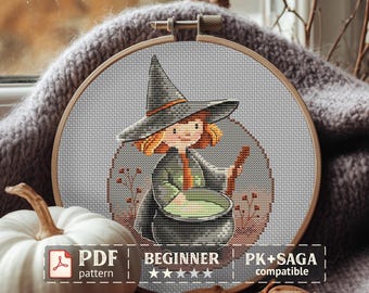 Modèle PDF point de croix de sorcière d'Halloween | Motif de broderie Halloween facile, point de croix