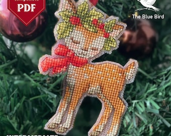トナカイの飾りのクロスステッチパターン、クリスマス刺繍（PDFパターン、Sagaファイル）