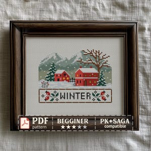 Winter Sampler Cross Stitch Pattern – Primitive Mountain Village with Red Cottage, PDF Digital Download