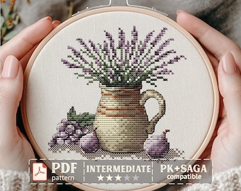 Lavender Cross Stitch Pattern PDF, Floral Cottagecore Design, Purple Flowers Embroidery, Nature Decor