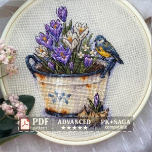 Crocus Cross Stitch Pattern, Spring Flowers Bird, Cottagecore Floral Garden Pot (PDF Pattern)