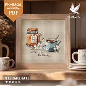 Honey Jar & Teacup Cross Stitch Pattern | Bees Sampler | Cottagecore Kitchen Embroidery PDF