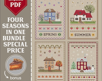 Four Seasons Cottage Cross Stitch Pattern Bundle: Sampler Embroidery | PDF Pattern