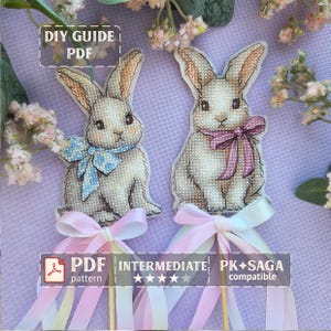 Patrón de punto de cruz de conejito de Pascua para lienzo plástico: adornos DIY de Pascua y primavera, decoración rústica vintage hecha a mano (PDF)