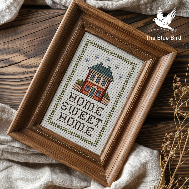 Rustic house embroidery sampler framed