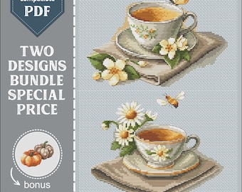 Vintage Tea Cups Cross Stitch Pattern Set: Jasmine & Chamomile (PDF Download)