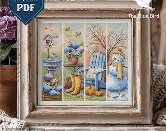 Four Seasons Cross Stitch Pattern – Seasonal Sampler with Snowman and Birdhouse PDF