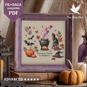 Spooky Halloween Black Cat Cross Stitch Pattern | Whimsical Potion PDF Sampler