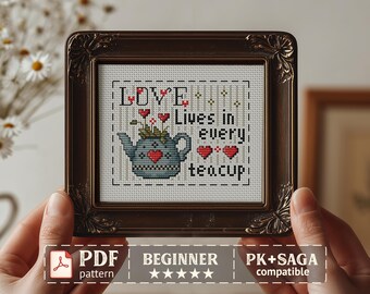 Tea Cross Stitch Pattern, Teapot Quote Design, Funny Kitchen, Cottagecore Easy Mini PDF