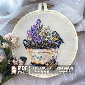 Crocus Cross Stitch Pattern, Spring Flowers with Bird, Floral Cottagecore Design, Garden Flower Pot PDF Pattern