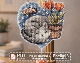 Cat Valentine Cross Stitch Pattern PDF, Plastic Canvas Ornament, Love Cat Heart Hanging Decoration
