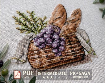 French Baguette Basket Cross Stitch Pattern, Rustic Kitchen Embroidery (PDF)