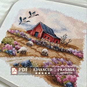Farmhouse Cross Stitch Pattern – Rustic Country Landscape with Barn and Sheep, PDF Download