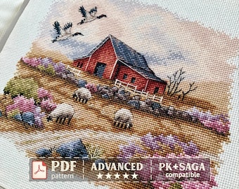 Farmhouse Cross Stitch Pattern – Rustic Country Landscape with Barn and Sheep, PDF Download