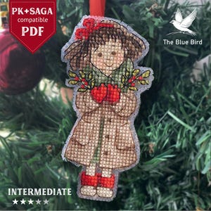 冬の女の子の飾りクロスステッチパターン、クリスマス刺繍PDF、Sagaファイル、プラスチックキャンバスパターン、ポイント・ド・クロワ