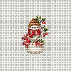 Cute stitched snowman with scarf finished as holiday ornament