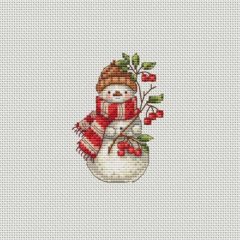 Cute stitched snowman with scarf finished as holiday ornament