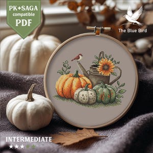 Può includere: Un telaio da ricamo a punto croce con una scena di raccolto autunnale: zucche, un girasole e un annaffiatoio. Il disegno include un uccellino e del fogliame. I testi "PK+SAGA compatible PDF" e "The Blue Bird" sono visibili. La parola "Intermediate" è visibile.