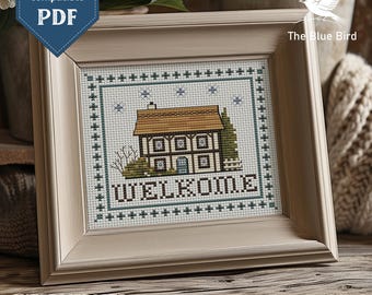 Welcome House Cross Stitch Pattern, Primitive Farmhouse Sampler (PDF Pattern)