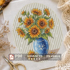 Sunflower Cross Stitch Pattern, Floral Vase PDF, September Flowers, Blue Pottery, Fall Flower Design