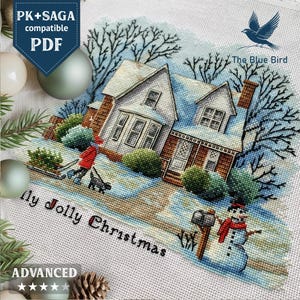 May include: Cross-stitch design depicting a winter scene with a house, snowman, and a person walking a dog. The text "My Jolly Christmas" is visible. The design includes a blue bird logo and the text "The Blue Bird".