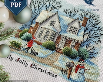May include: Cross-stitch pattern featuring a winter scene with a house, snowman, and person walking a dog. The text "My Jolly Christmas" is displayed. The design includes a blue bird logo and the text "The Blue Bird".