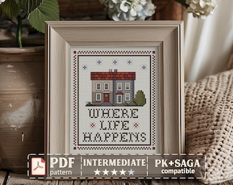 Where Life Happens Cross Stitch Pattern PDF, Farmhouse House Sampler, Quote Primitive Chart