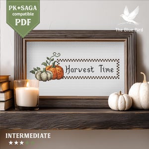 Puede incluir: Un bordado enmarcado con las palabras "Harvest Time" e imágenes de calabazas. El marco marrón rodea un fondo blanco. Una vela encendida y pequeñas calabazas blancas están sobre una repisa de madera.
