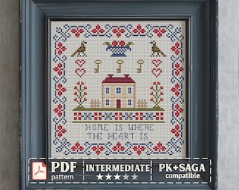 House Cross Stitch Pattern PDF – Vintage Sampler, Keys, Birds, Basket & Flowers